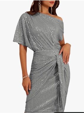 Grace Karin One Shoulder Sequin Dress Silver